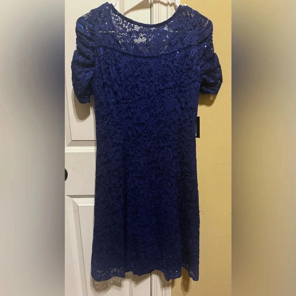 Marina Women’s Blue Sequin Lace Cocktail Dress Short Sleeve Sz S